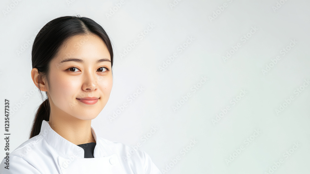 Chinese young chef woman smiling isolated on white background Chinese young chef woman smiling isolated on white background