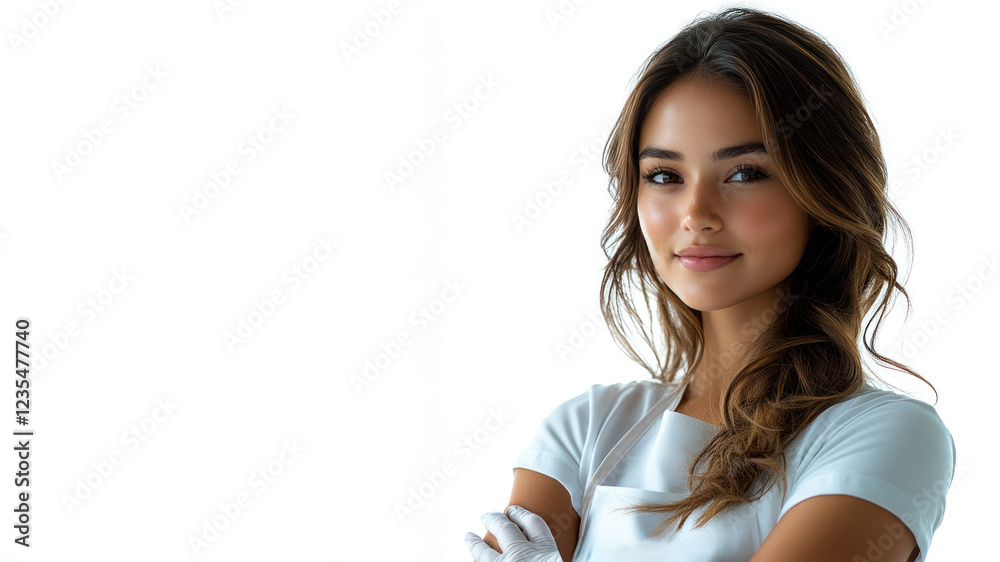 Hispanic young chef woman smiling isolated on white background Hispanic young chef woman smiling isolated on white background