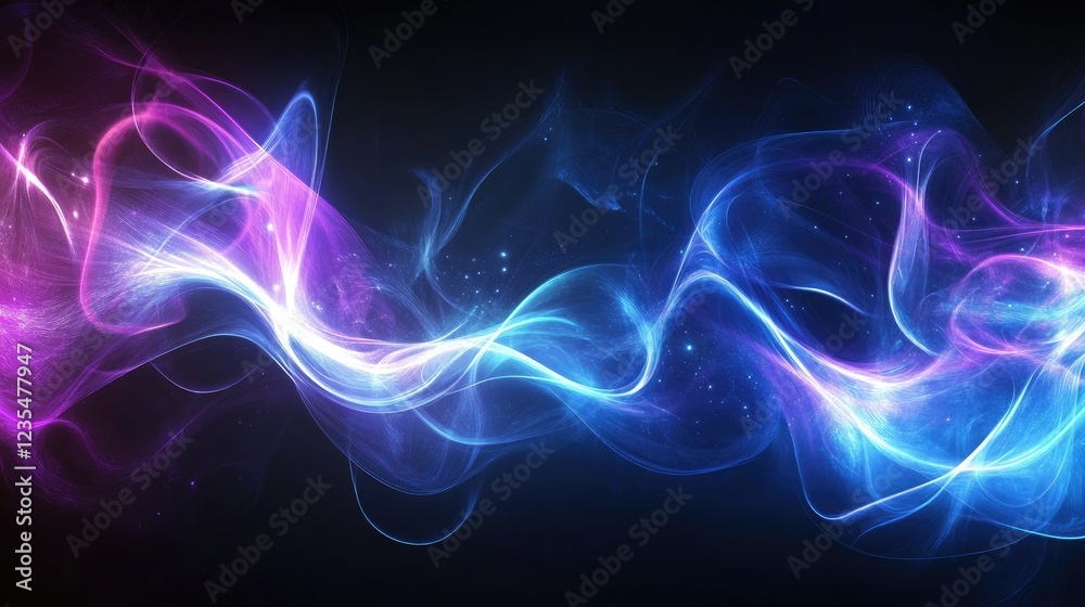 Glowing blue and purple wavy light shapes form a futuristic abstract background with a sleek, retro vibe.