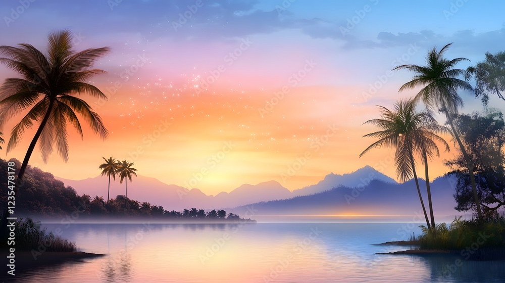 Tropical Sunset Paradise Beach Scene - • Vibrant color palettes Tropical Sunset Paradise Beach Scene - • Vibrant color palettes