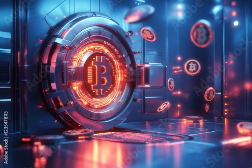 A futuristic vault showcasing Bitcoin with glowing coins and dynamic lighting, symbolizing digital currency and security. photo