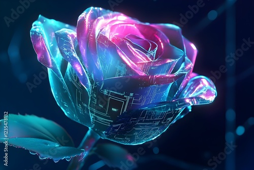 Futuristic rose bud with a digital, high-tech aesthetic, symbolizing modern digital technology