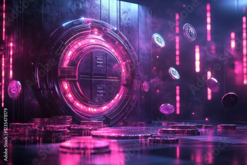 A futuristic vault with glowing pink accents and scattered coins, creating a vibrant, high-tech atmosphere.