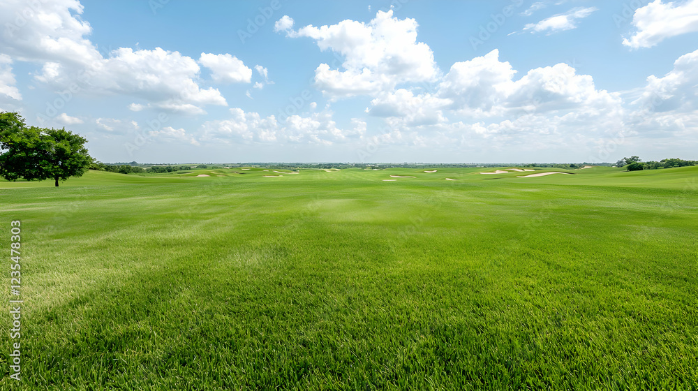 Obraz premium Vibrant green grass field of a golf course stretches under a bright blue sky with fluffy white clouds during a sunny day.