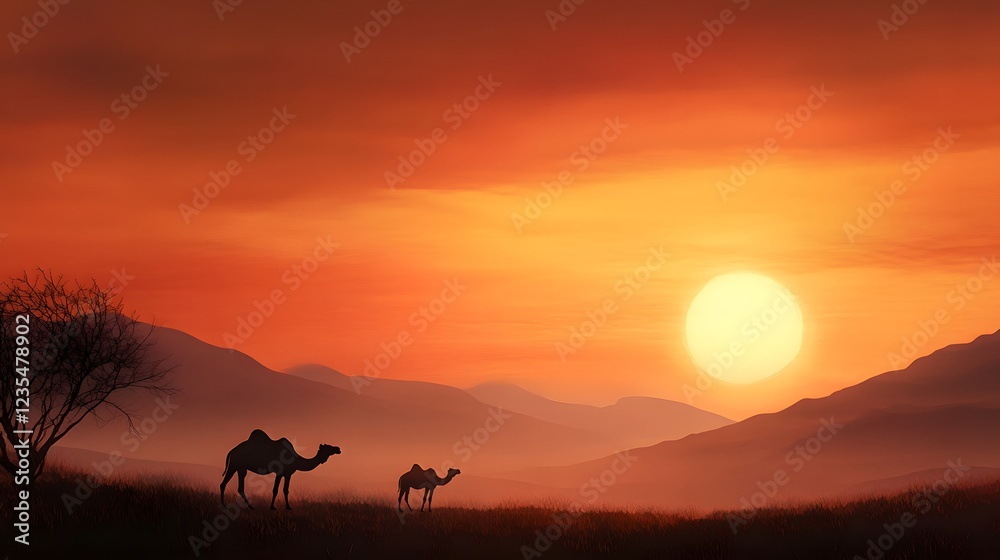 Camels Sunset Desert Landscape - Warm Color Palettes Camels Sunset Desert Landscape - Warm Color Palettes