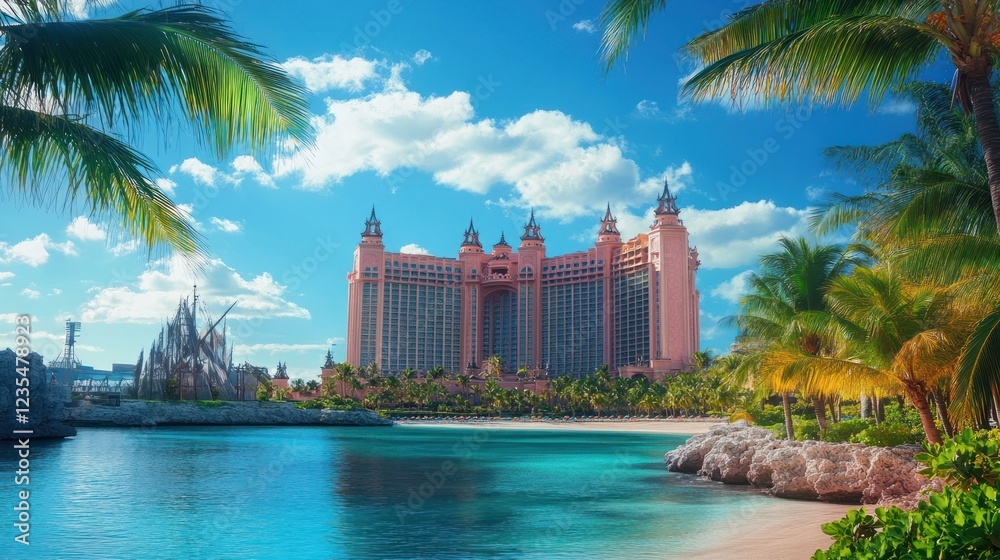 Naklejka premium Pink resort hotel by turquoise water with palm trees on a sunny day.