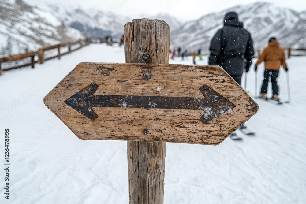 Naklejka premium Wooden signpost with arrows pointing in opposite directions on a snowy mountain slope