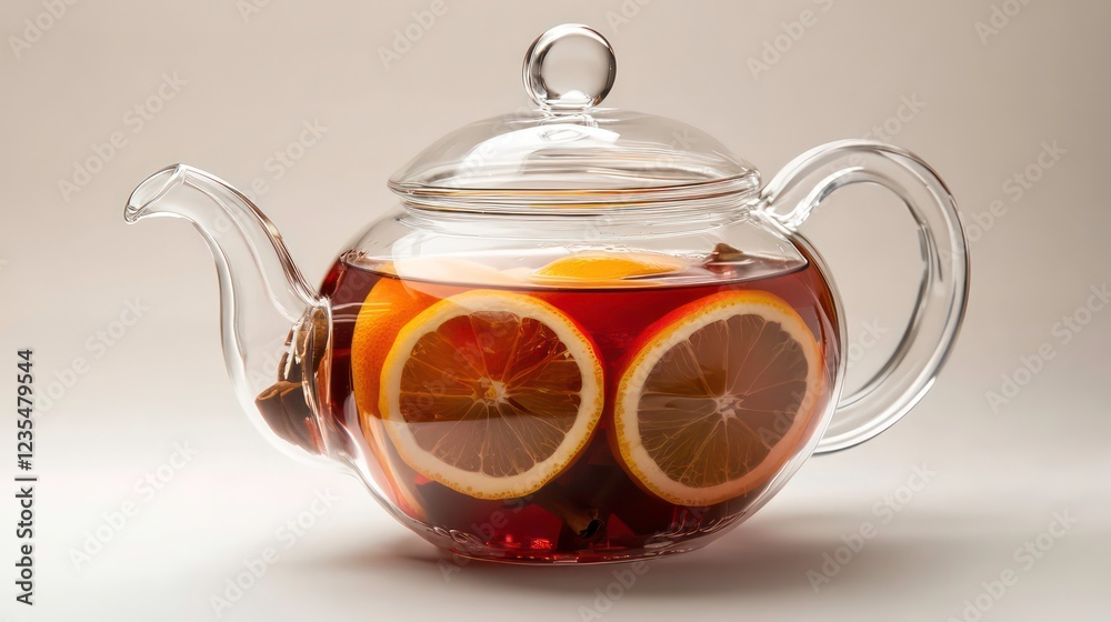Glass teapot with brewed tea, orange slices, and spices. Glass teapot with brewed tea, orange slices, and spices.