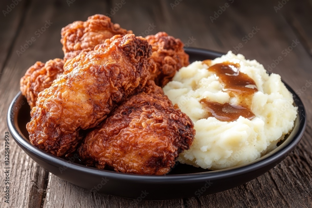 Crispy fried chicken with creamy mashed potatoes and gravy Crispy fried chicken with creamy mashed potatoes and gravy