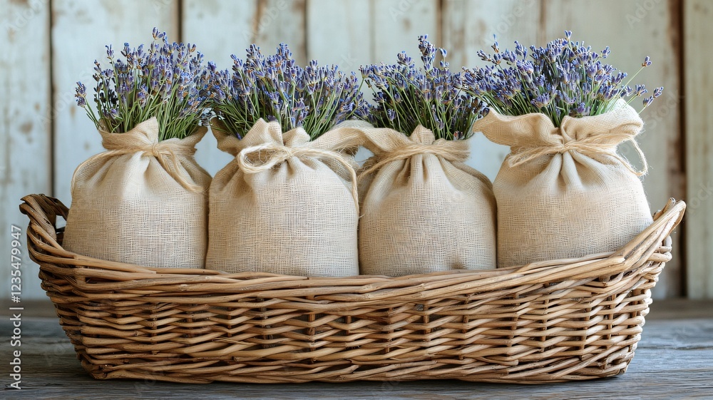 Rustic Lavender Pouches in a Wicker Basket for Home Fragrance Rustic Lavender Pouches in a Wicker Basket for Home Fragrance