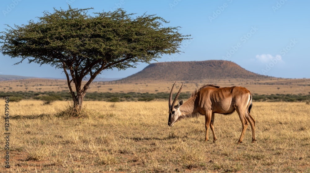 Naklejka premium Antelope grazing in African savanna under acacia tree