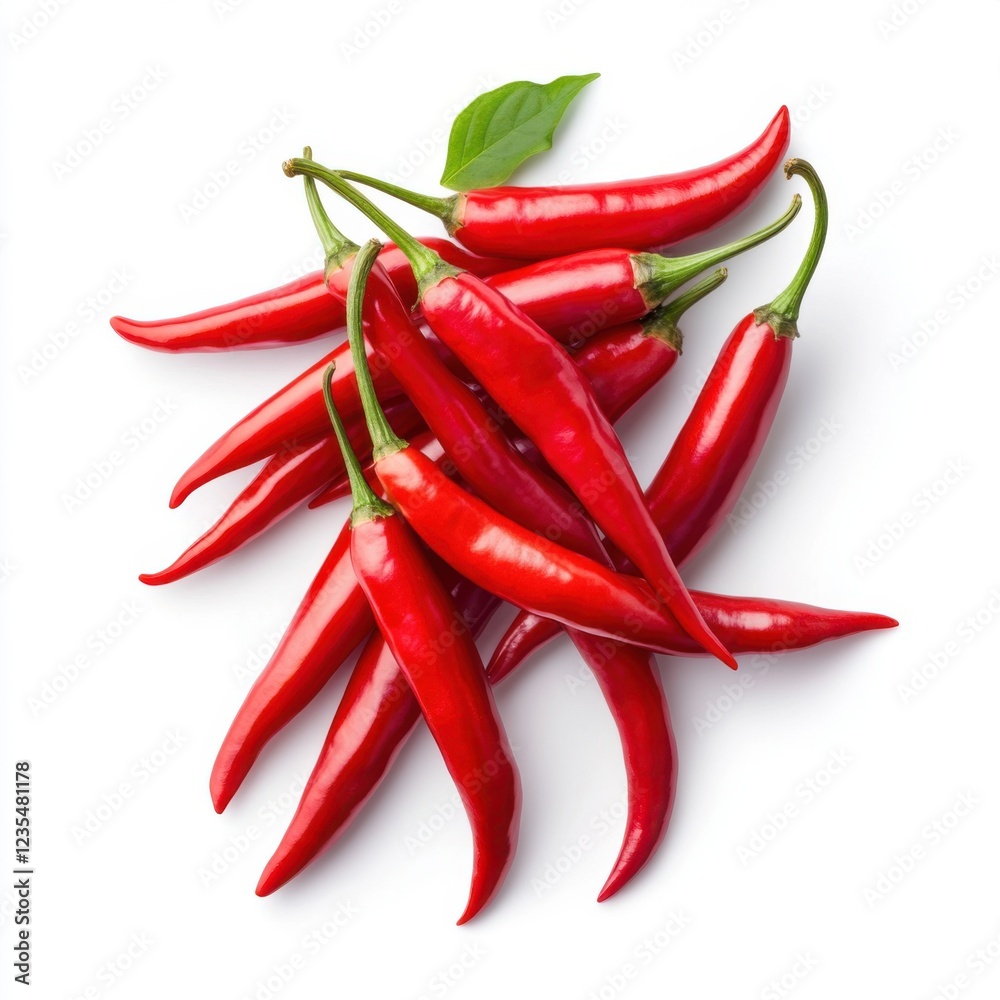 Fresh Red Chili Peppers Stacked Together with Green Leaves Isolated on White Background for Culinary Use Fresh Red Chili Peppers Stacked Together with Green Leaves Isolated on White Background for Culinary Use