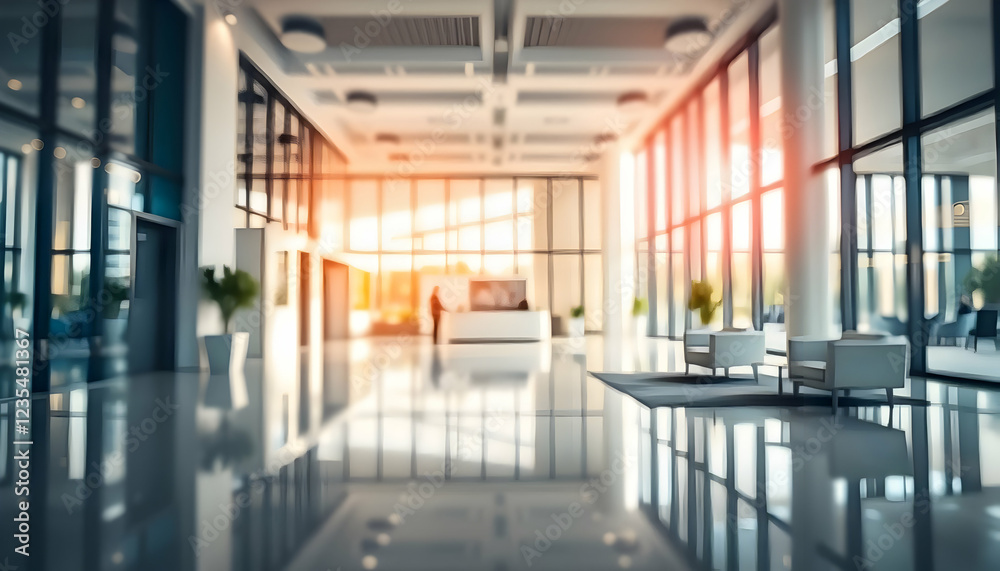 Fototapeta premium Modern office lobby, bright sunlight, glass walls, white reception desk, minimalist furniture, reflective floors, indoor plants, open concept, corporate interior, clean design, contemporary architectu