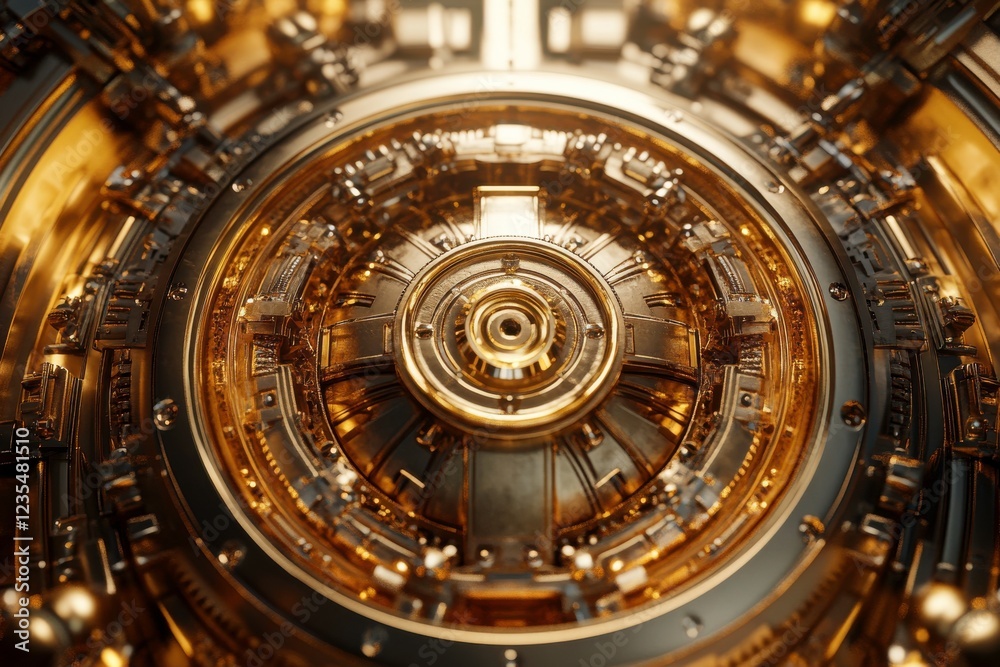 Fototapeta premium A close-up view of a complex, metallic circular design with intricate golden details, evoking a high-tech, futuristic aesthetic.