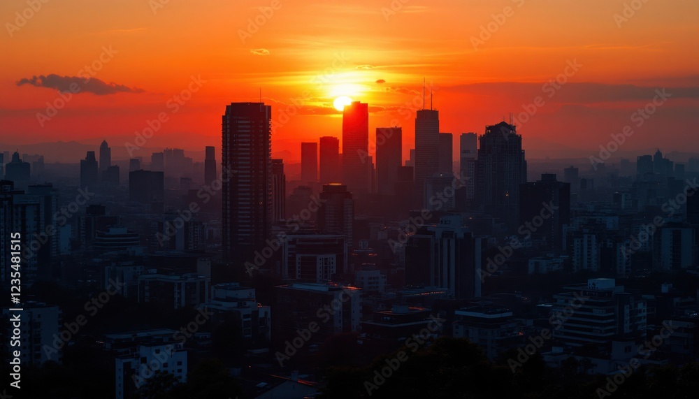 Fototapeta premium Urban skyline silhouette at sunset with vibrant orange and red sky