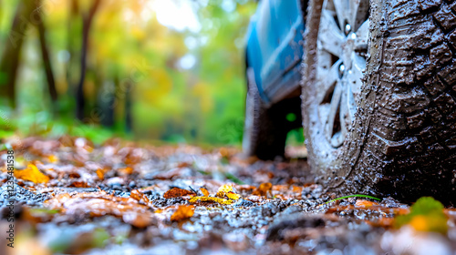Muddy SUV tire on autumn forest path