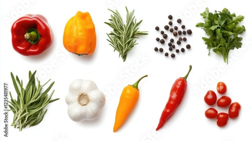 Fresh Colorful Vegetables and Herbs Arrangement on White Background