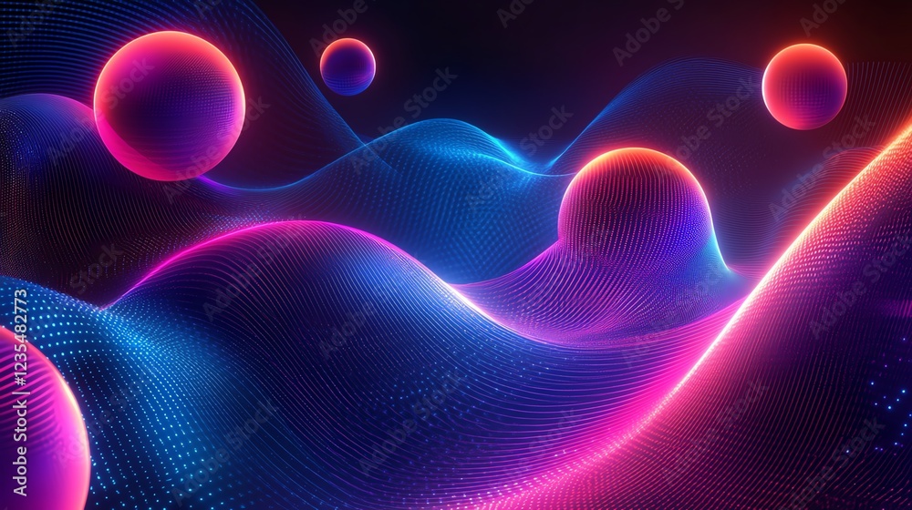 Fototapeta premium Colorful Wave Patterns and Floating Spheres Create a Mesmerizing Abstract Digital Art in Vibrant Hues and Luminous Textures
