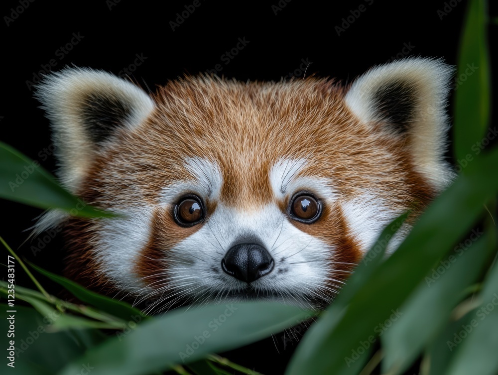 Obraz premium Closeup of a red panda peeking through bamboo leaves