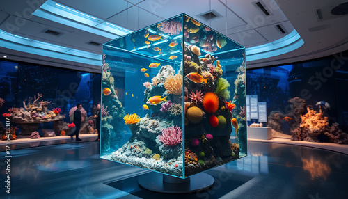 A floating glass cube filled with vibrant coral reefs and exotic sea creatures, suspended in a futuristic art gallery photo