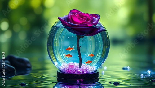 A fantastical deep-purple rose inside a magical water-filled orb, tiny luminescent fish swimming in endless harmony