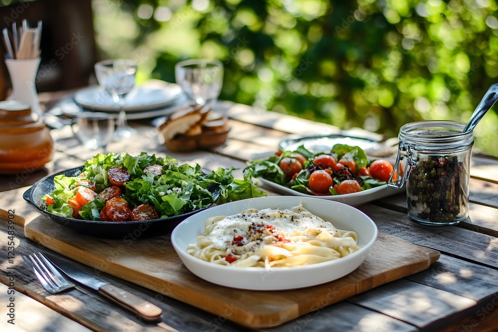 Fettuccine alfredo with a side salad on a wooden table in an outdoor garden. Fettuccine alfredo with a side salad on a wooden table in an outdoor garden.