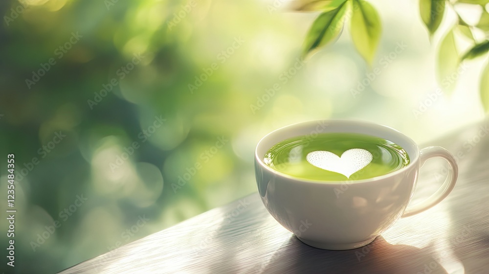 Green tea cup with heart design on surface and blurred background Green tea cup with heart design on surface and blurred background