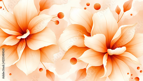A stunning botanical watercolor composition with flowing petals in warm peach, gold, and blush tones