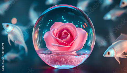 A soft pink rose trapped inside a crystal-clear water-filled sphere, surrounded by bioluminescent fish casting a magical glow