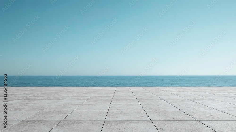 Calm ocean view from a tiled terrace. Calm ocean view from a tiled terrace.