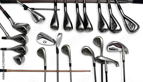 A set of professional golf clubs arranged neatly on a white background, showcasing different club types including drivers, irons, and putters photo