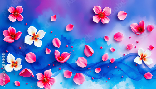 A radiant floral watercolor scene where petals dance across the canvas, blending into waves of deep blue and fuchsia