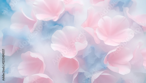 A poetic watercolor blend of flower petals dissolving into misty layers of sky blue, periwinkle, and soft blush
