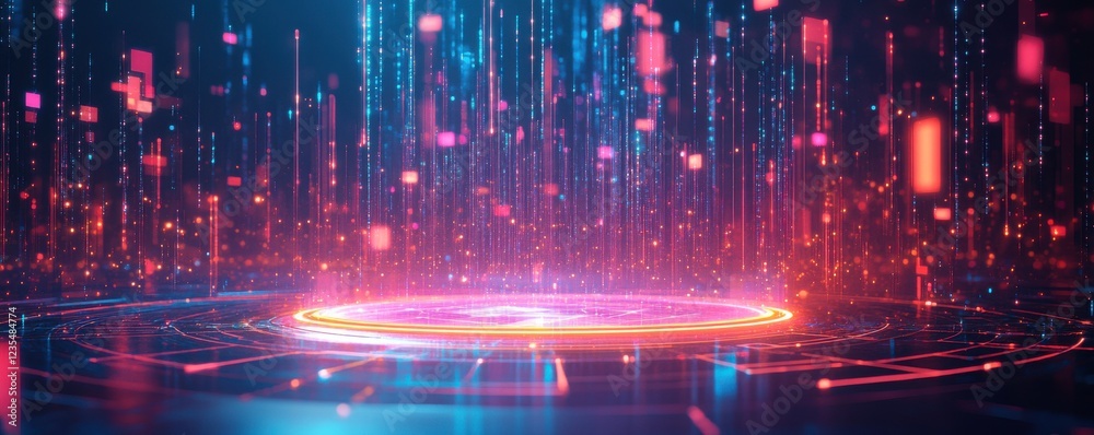 Fototapeta premium A vibrant digital landscape featuring illuminated circles and vertical data streams in blue and pink tones, evoking a futuristic atmosphere.