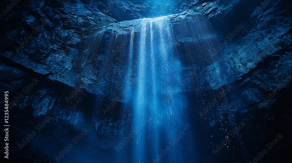 custom made wallpaper toronto digitalSerene Waterfall Plunges into Dark Cave Blue Light Illuminates Mystical Scene. AI Generated