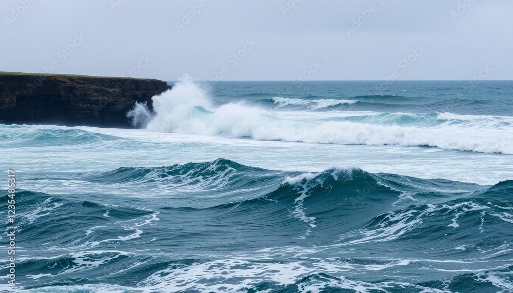Fototapeta premium Powerful Ocean Waves Crashing Against Dark Rocks on a Cloudy Day