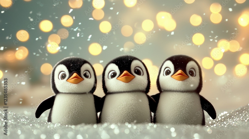 Fototapeta premium Three cute cartoon penguins standing together in the snow under warm festive bokeh lights.