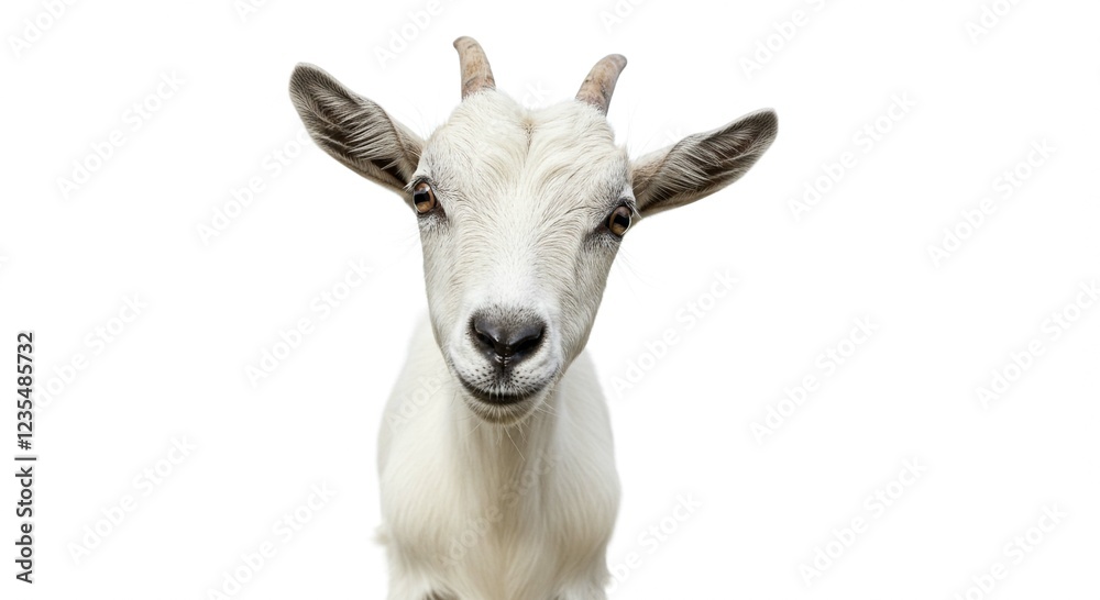Adorable Young Goat Portrait Close up Farm Animal White Fur Isolated on White Background Adorable Young Goat Portrait Close up Farm Animal White Fur Isolated on White Background