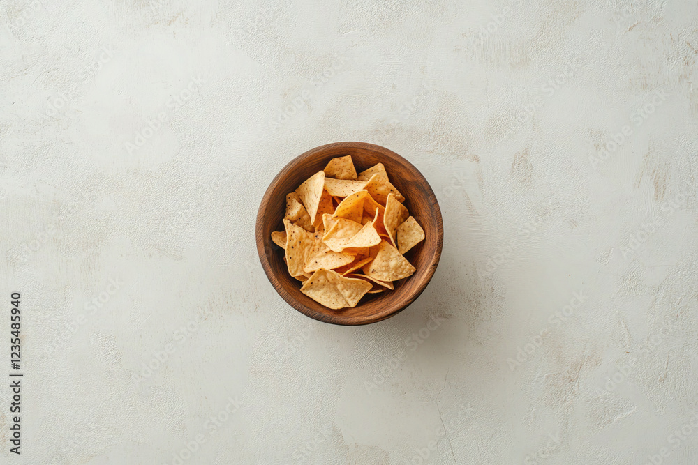Wooden Bowl of Yellow Tortilla Chips on Rustic White Background Wooden Bowl of Yellow Tortilla Chips on Rustic White Background
