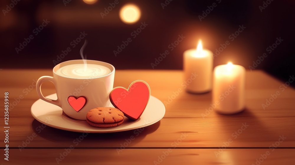 A cozy scene featuring a steaming cup of milk, a cookie, and glowing candles, creating a warm and inviting atmosphere. A cozy scene featuring a steaming cup of milk, a cookie, and glowing candles, creating a warm and inviting atmosphere.