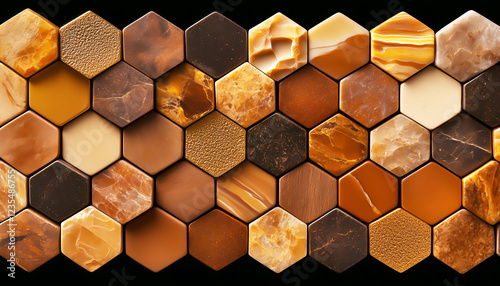 Hexagonal stone tiles with a metallic sheen.  Generative AI.