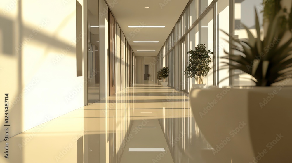 Sunlit modern hallway with plants and reflective floor. Sunlit modern hallway with plants and reflective floor.