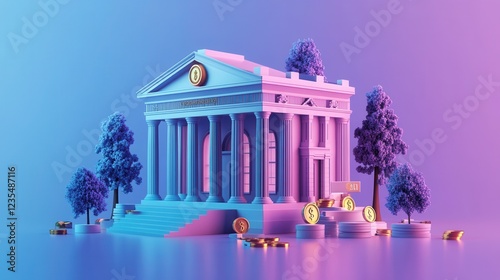 A stylized bank building surrounded by cryptocurrency coins and trees, showcasing a blend of finance and digital currency in a vibrant color palette.