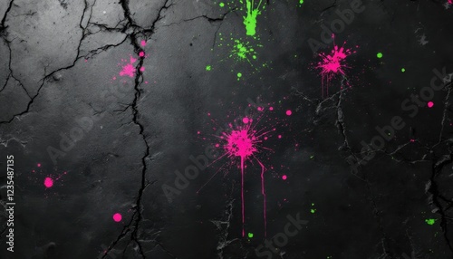 Neon pink and green paint splatters on dark cracked concrete surface