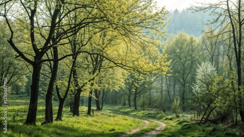 Lush green budding trees lining a winding pathway in a tranquil forest during spring Lush green budding trees lining a winding pathway in a tranquil forest during spring