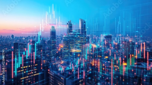 Wallpaper Mural A grand government building in a glowing futuristic city, symbolizing economic progress with charts overlaying the skyline. Torontodigital.ca