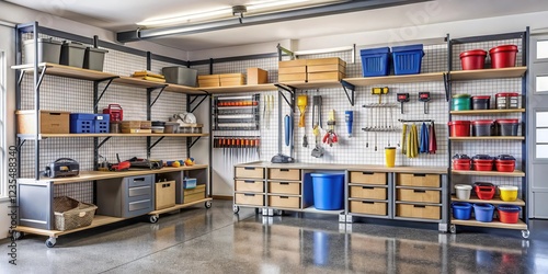 A well-organized garage with neatly stacked boxes and shelves filled with various tools and storage containers, giving a sense of order and precision , garage, clean