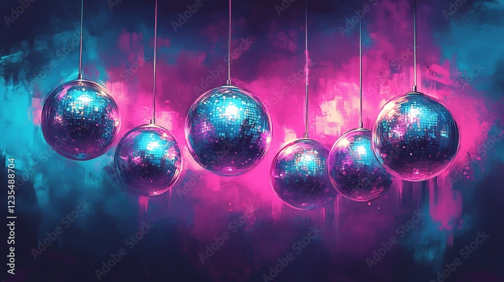 Fototapeta premium Disco Balls Swinging Vivid Neon Cloudscape. AI Generated