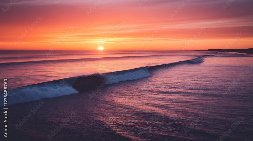 Fototapeta premium A serene sunset over calm ocean waves, casting vibrant hues of orange, pink, and purple across the sky and water.