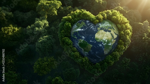 Heart-Shaped Earth Surrounded by Lush Forests in a Beautiful Natural Landscape